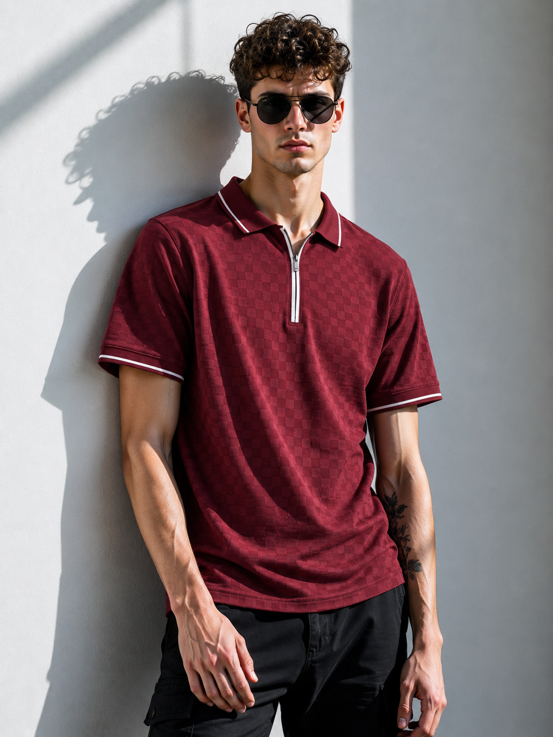 Knitted polo Chess lapel-zipper