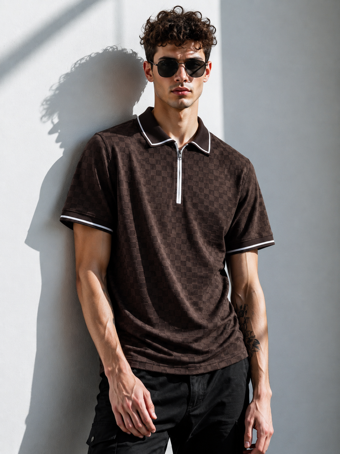 Knitted polo Chess lapel-zipper